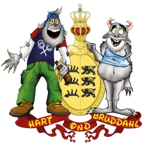 Logo der Band Schtraisalts: zwei Cartoonfiguren vor einem Wappen mit dem Schriftzug Hart ønd Bruddahl
